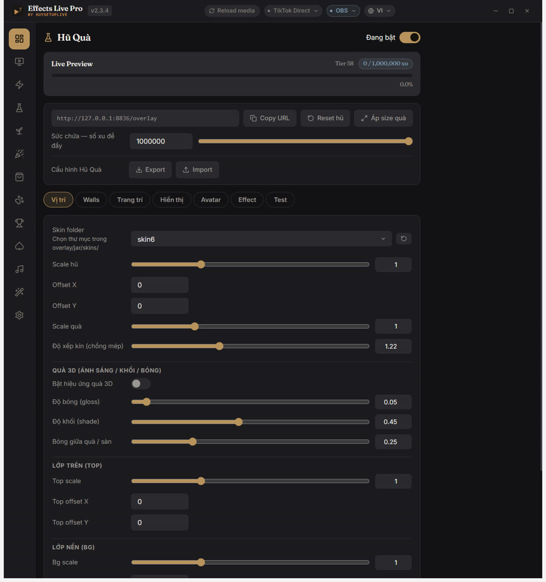 Màn hình Dựng Hũ Quà cho mục tiêu live trong Effects Live Pro